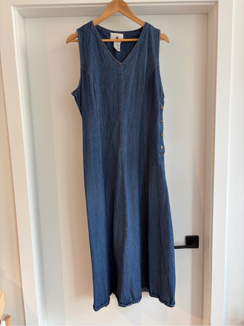 90s vintage Butter Mom Cotton Ginny Denim Sleeveless V-Neck Maxi Dress - Blue